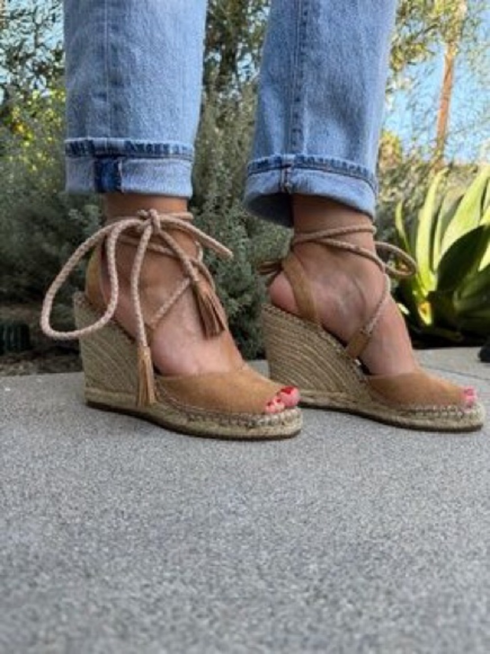 Joie Tan Suede Espadrille Wedge Sandals with Ankle Wrap